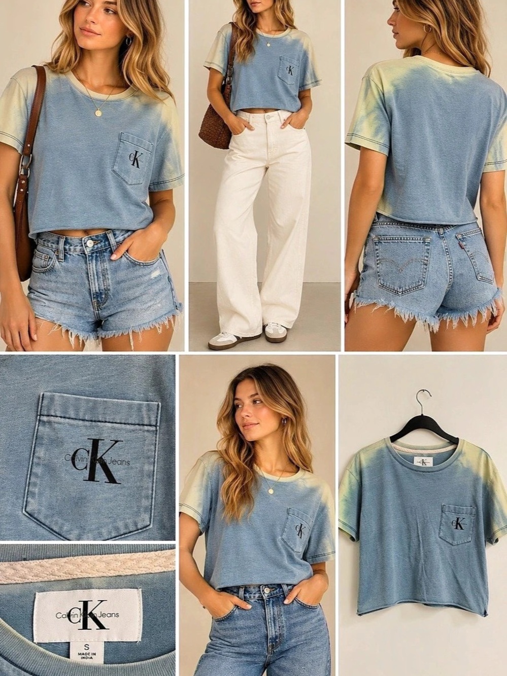 Calvin Klein Cropped Pocket Tee in Blue & Yellow Size Small